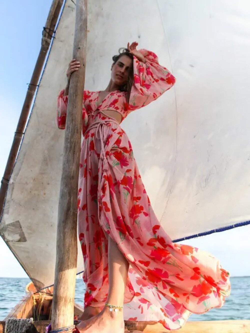 Miguelina Leonie Maxi Dress Flowy Bishop Sleeve Pink Red Floral Cutout Tie waist